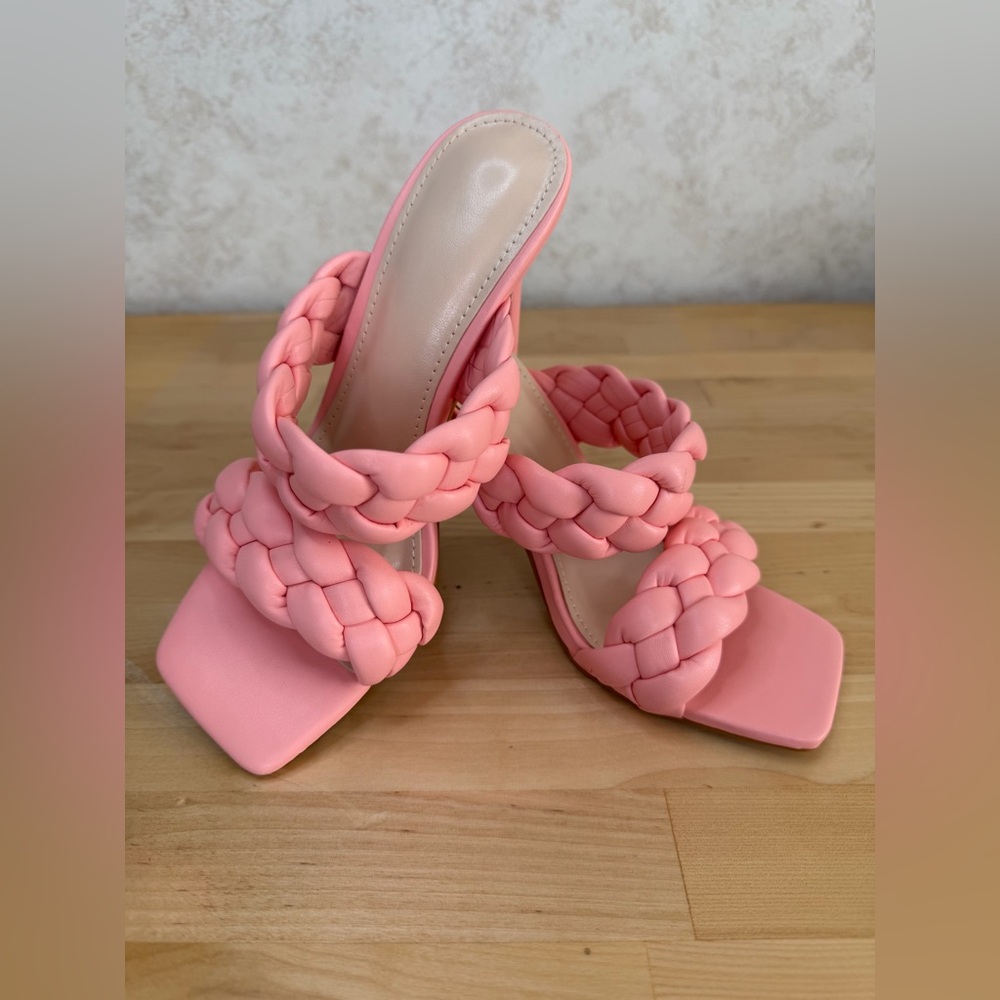 Pink Braided Strap Mule Heels Size 5.5 Square Toe Stiletto Sandals